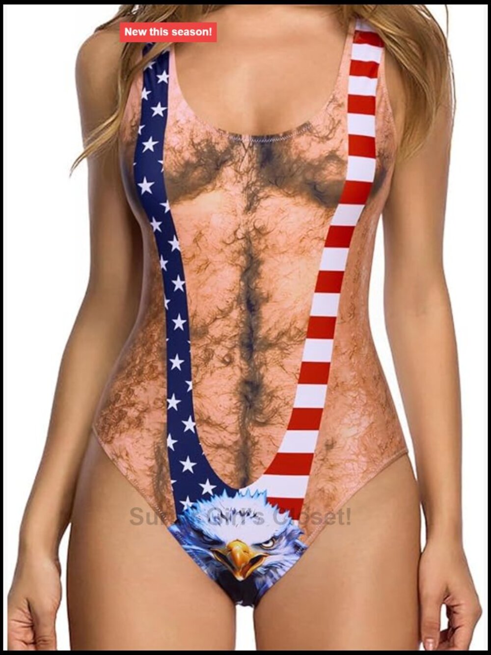 Women Funny Hairy Body Chest Printed One Piece Swimwear Monokini